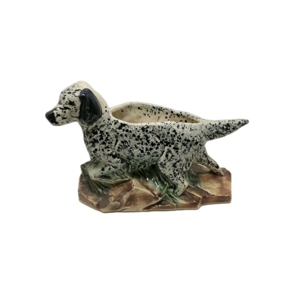 Vintage McCoy Pottery Bird Dog Planter 7.5" Black White Spotted English Setter